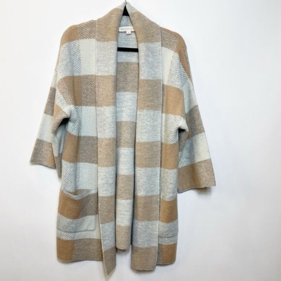 Love Stitch The Michele Gingham Shawl Cardigan Tan Taupe Open Front Size Medium - Picture 2 of 8